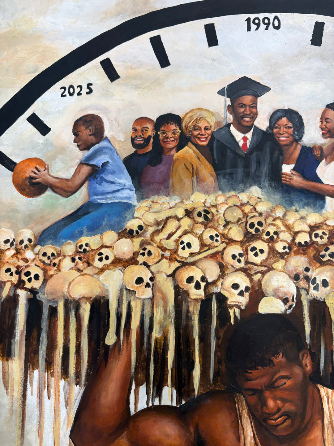 Black man figure carrying heavy skulls symbolism family clock weight of time light colored browns and blue