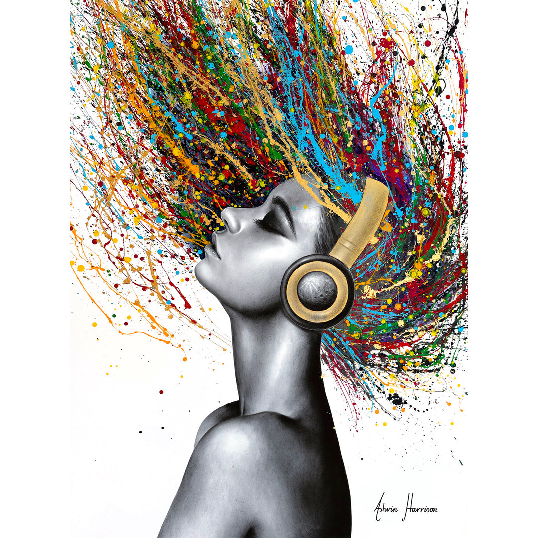 Beautiful woman wearing headphones, painted in black and white coconut charcoal with colorful splattered paint as hair