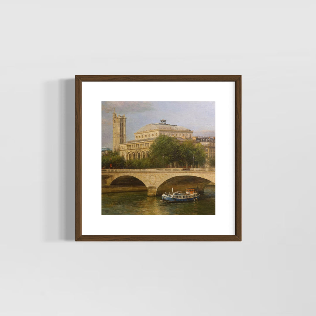 brown stone building with stone arc bridge over water canal and boat with green trees on muted blue sky landscape oil paintings paris scenery 