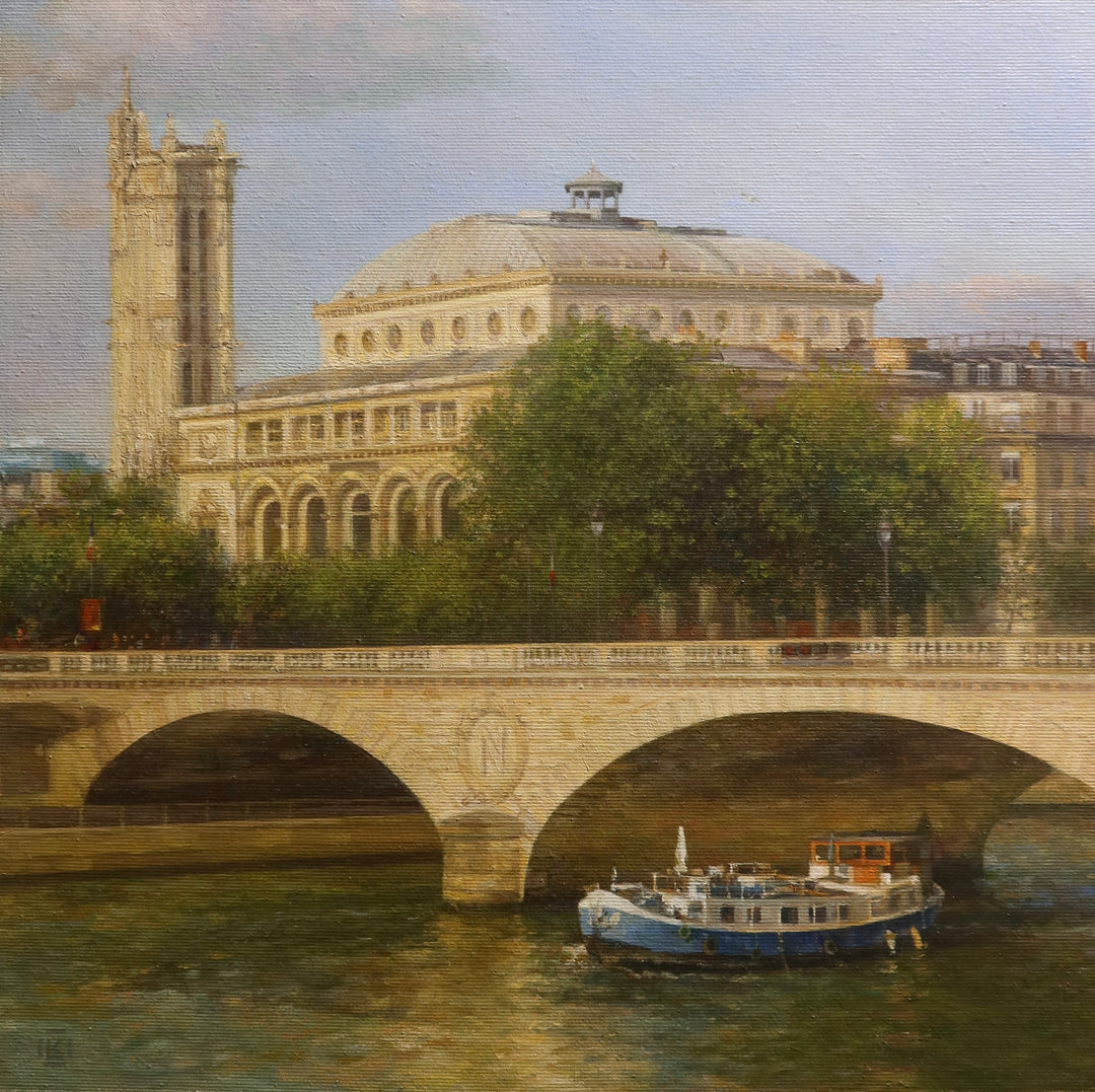 brown stone building with stone arc bridge over water canal and boat with green trees on muted blue sky landscape oil paintings paris scenery 