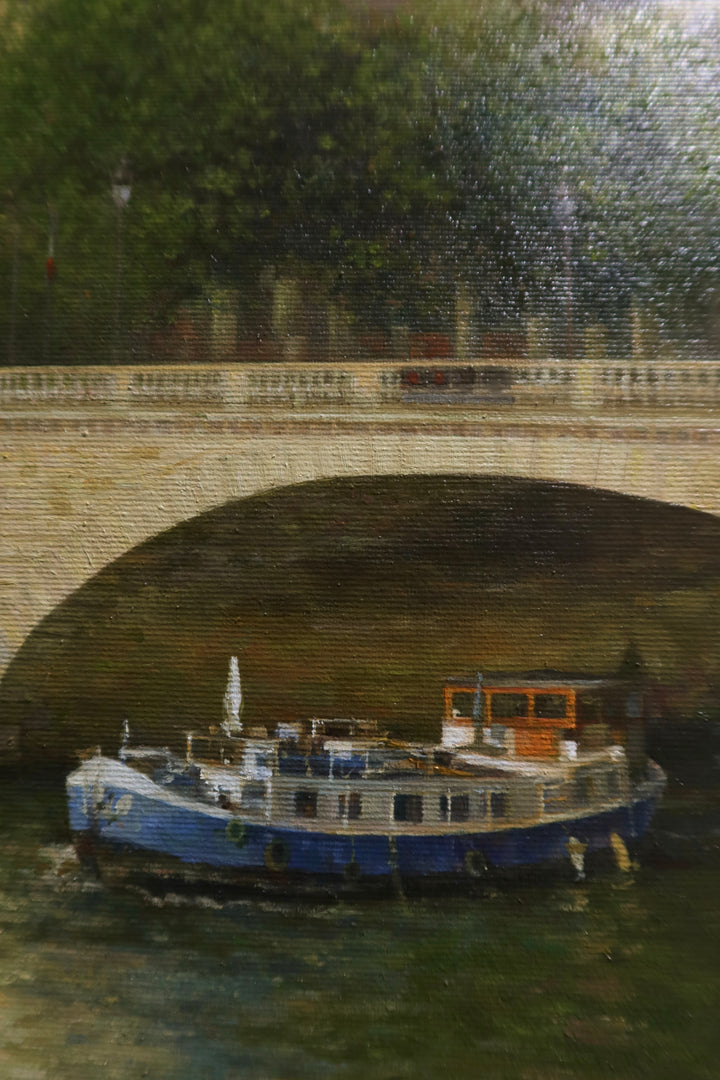 brown stone building with stone arc bridge over water canal and boat with green trees on muted blue sky landscape oil paintings paris scenery 