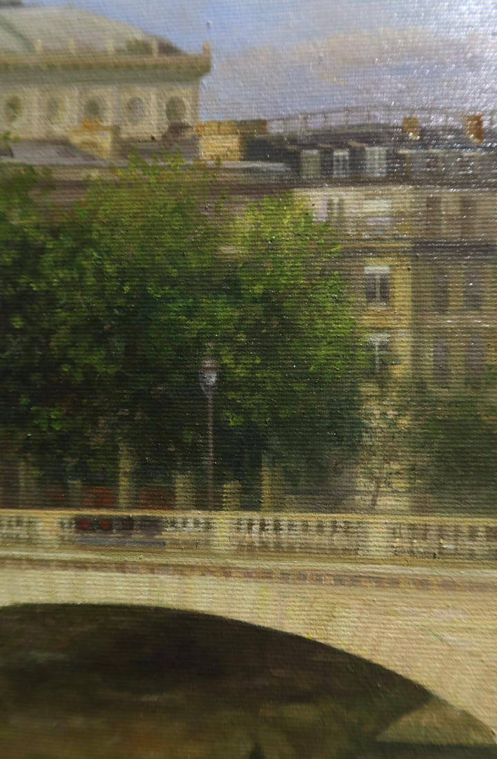 brown stone building with stone arc bridge over water canal and boat with green trees on muted blue sky landscape oil paintings paris scenery 