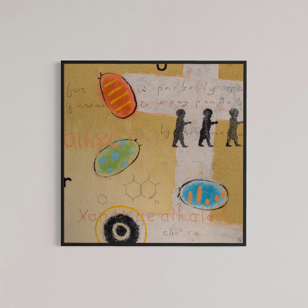 Bob Landstrom, Threescore Improbability, pigmented volcanic rock and acrylic on canvas, 60 x 60 inches. Ochre background with a white cross shape, three small black walking figures, orange, green, and blue oval forms, a black and gold circle, chemical structure diagrams, and handwritten text, shown in a black frame on a light gray wall.