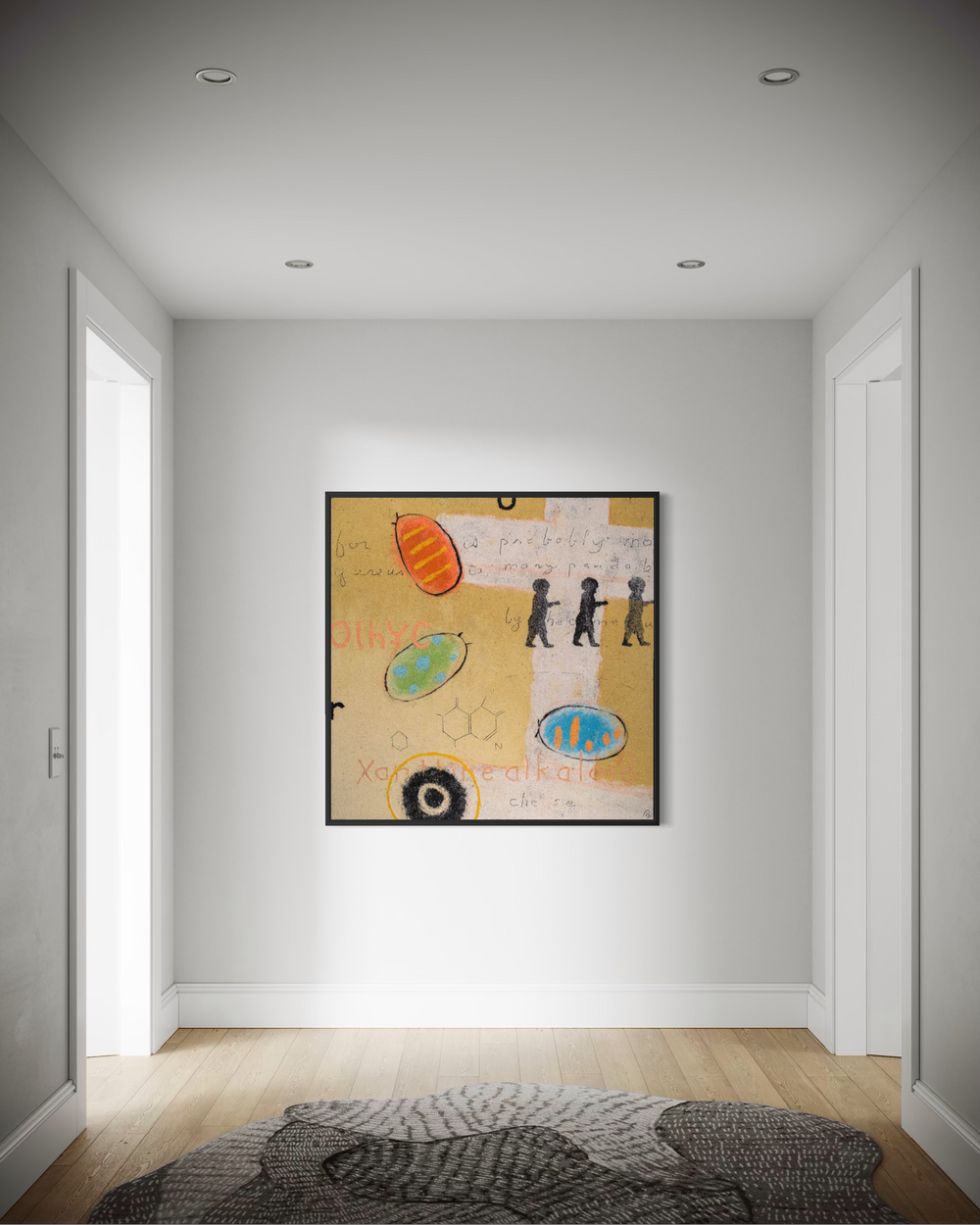 Bob Landstrom, Threescore Improbability, pigmented volcanic rock and acrylic on canvas, 60 x 60 inches. Ochre background with a white cross shape, three small black walking figures, orange, green, and blue oval forms, a black and gold circle, chemical structure diagrams, and handwritten text, shown in a black frame at the end of a white hallway with a wood floor and patterned rug.