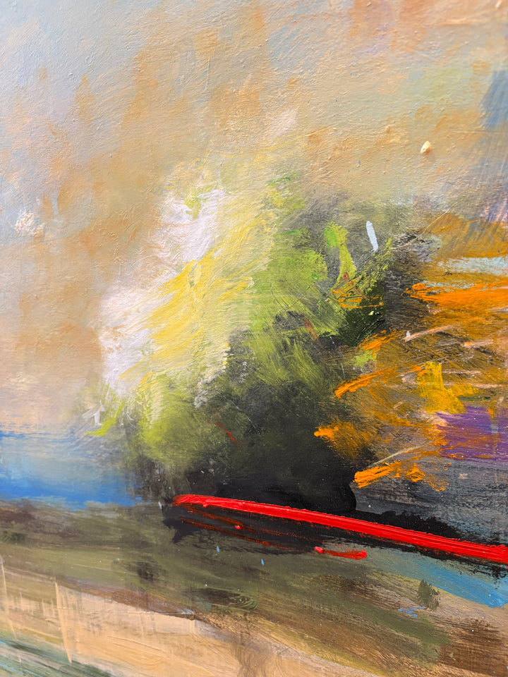 abstract expressionist landscape in natural colors blues greens and yellows clouds and red line