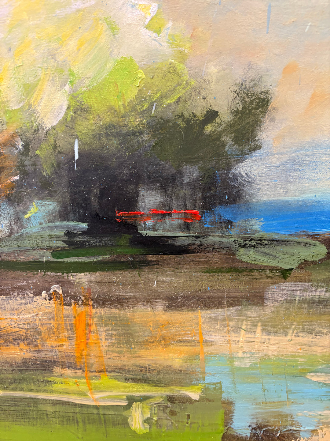 abstract expressionist landscape in natural colors blues greens and yellows clouds and red line