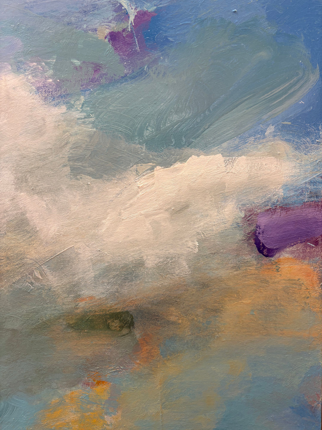 abstract expressionist landscape in natural colors blues greens and yellows clouds and red line