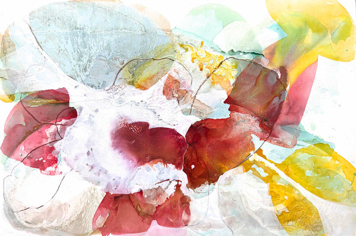 Liz Barber, Tide Pool 2, acrylic paint, ink, watercolor, and graphite on canvas, 72 x 50 inches. Horizontal abstract composition of overlapping translucent shapes in crimson, rose pink, golden yellow, pale blue, and white with fine graphite lines around a white center.