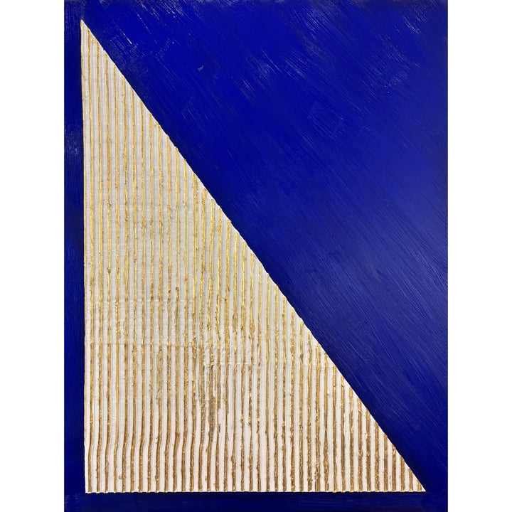 minimal geometric abstract sculptural work with joint compound texture dimension white rigid triangle with gold leaf detail on blue background