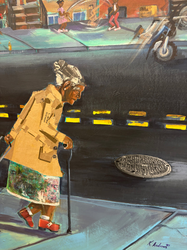 elderly woman figure pushing shopping cart urban philadelphia landscape city sidewalk collage mixed media by keith andrews