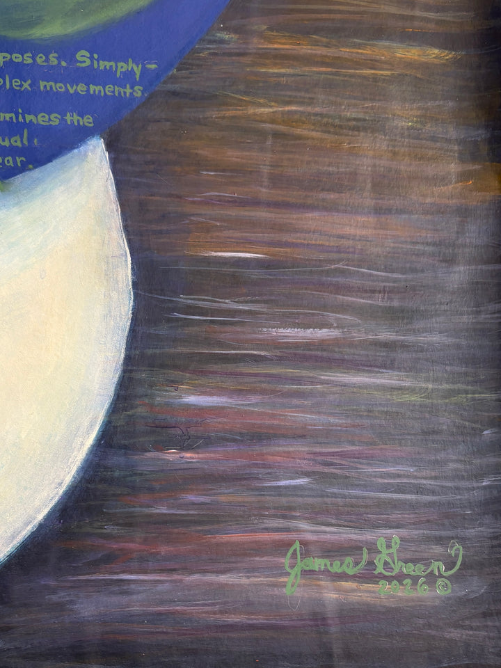 prisoner figure in orange blue and white circles with text and clock on textured wood grain background mixed media 