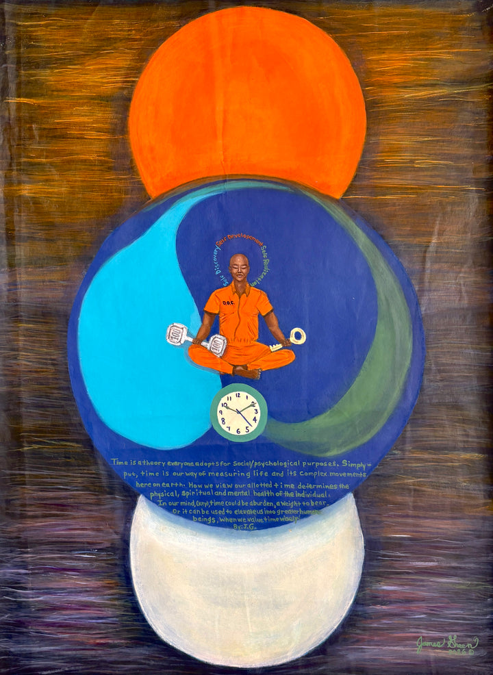 prisoner figure in orange blue and white circles with text and clock on textured wood grain background mixed media 