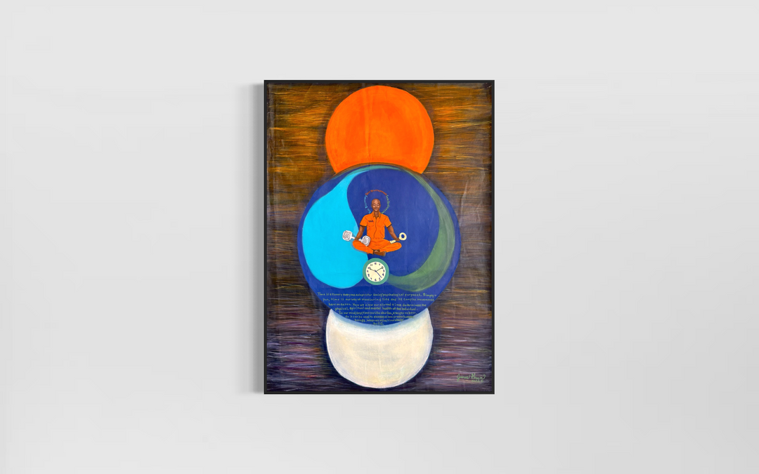 prisoner figure in orange blue and white circles with text and clock on textured wood grain background mixed media 