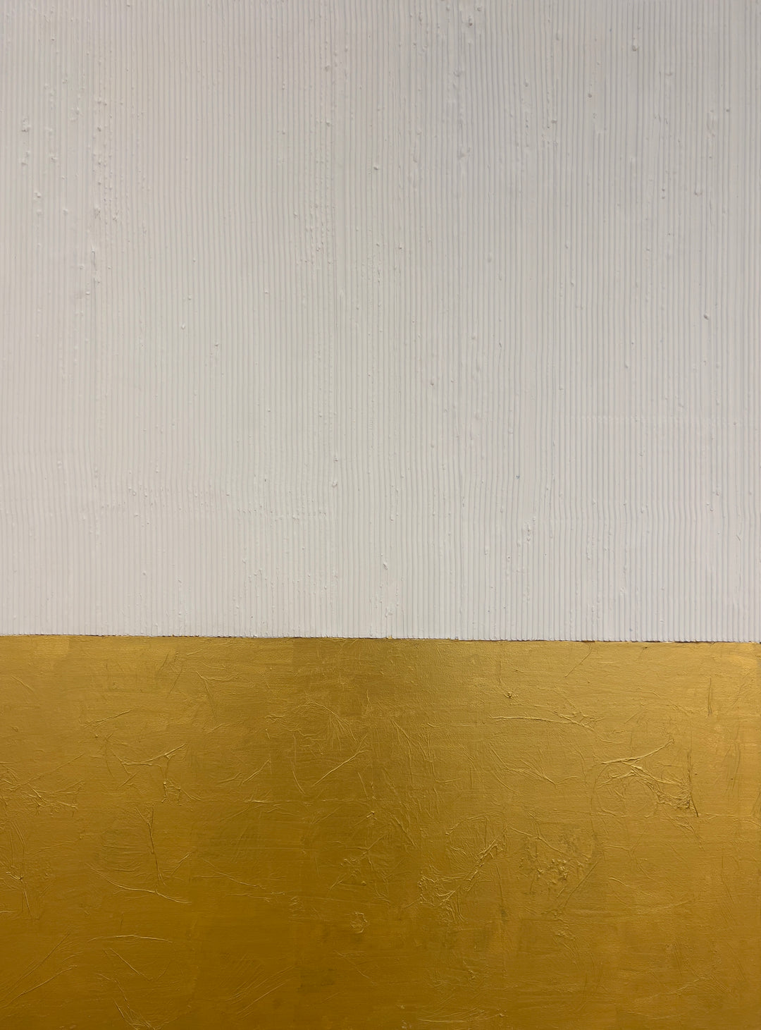 Tone Down by Lee in Cerulean. Split painting of white textured molding paste, and matte gold abstract brush strokes on the bottom.