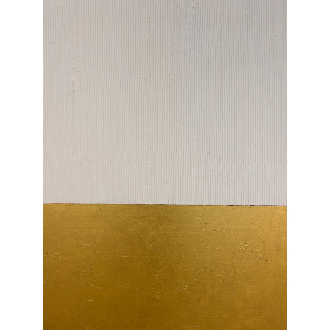 Tone Down by Lee in Cerulean. Split painting of white textured molding paste, and matte gold abstract brush strokes on the bottom.