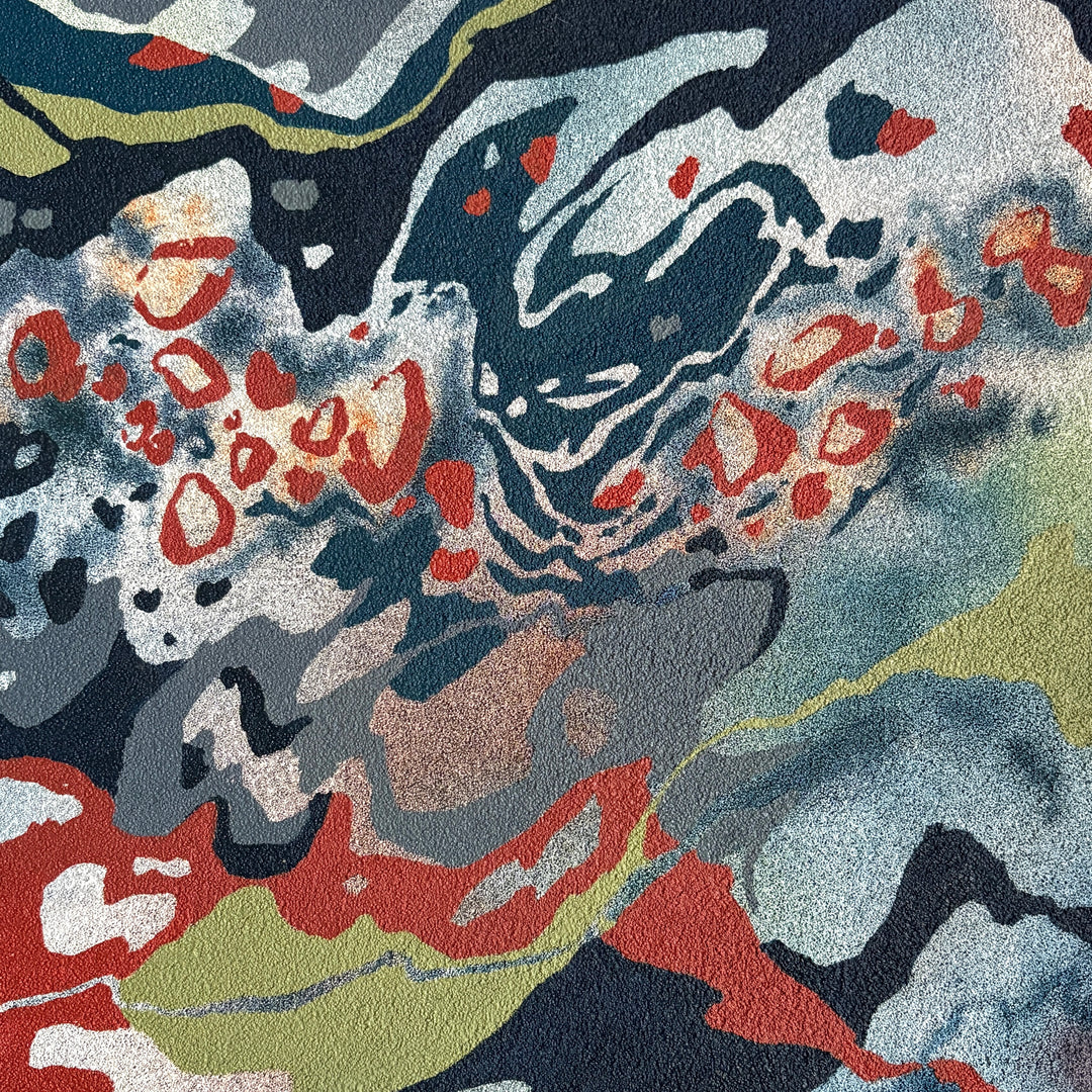 Organic pumice primed canvas painting in oil natural shapes textures abstracted negative space line weight gradient of color blues greens and red orange circular orbs 