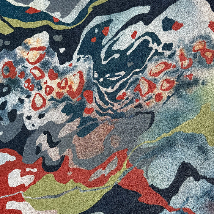 Organic pumice primed canvas painting in oil natural shapes textures abstracted negative space line weight gradient of color blues greens and red orange circular orbs 