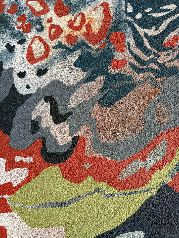 Organic pumice primed canvas painting in oil natural shapes textures abstracted negative space line weight gradient of color blues greens and red orange circular orbs 