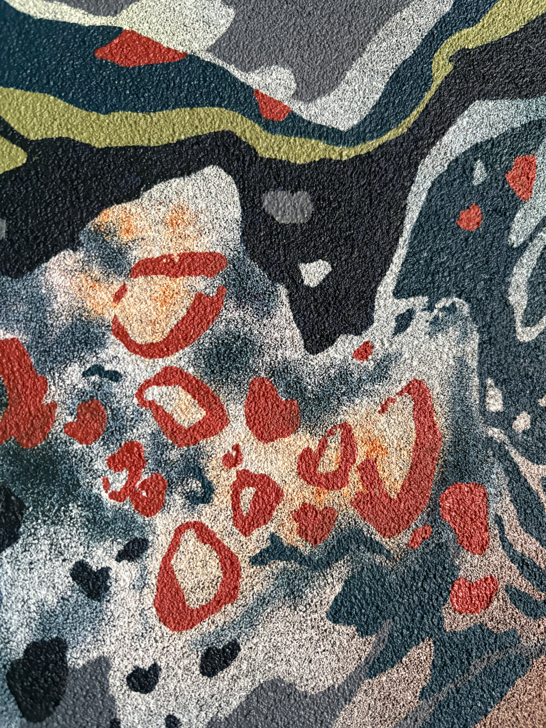 Organic pumice primed canvas painting in oil natural shapes textures abstracted negative space line weight gradient of color blues greens and red orange circular orbs 