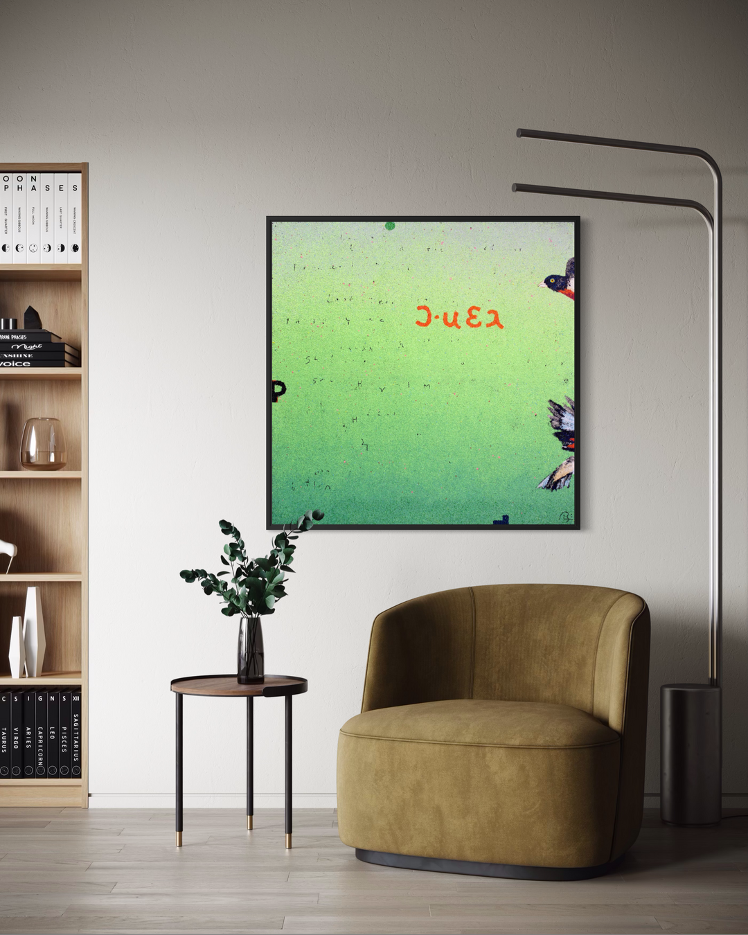 Bob Landstrom, Transient Apologia, pigmented volcanic rock and acrylic on canvas, 48 x 48 inches. Green-to-lime gradient background with faint handwritten text, red-orange characters near the top, and a bird partially visible at the right edge, shown in a black frame above an olive velvet armchair and small side table beside a bookshelf.