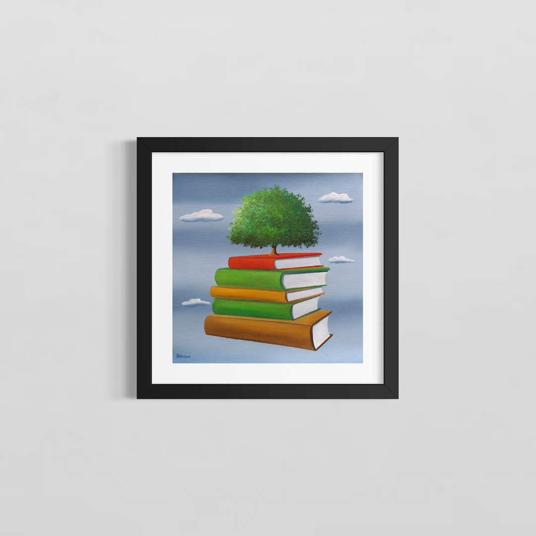 "Tree of Wisdom" by Italian artist Carlo Trevisan — a surrealist oil painting on canvas depicting a lush green tree growing from a floating stack of colorful books in red, green, yellow, and brown against a Magritte-inspired cloudy blue sky. The uplifting composition celebrates knowledge, education, and the organic growth of wisdom. Original contemporary surrealist education tree of knowledge painting on canvas available at Morton Contemporary gallery.