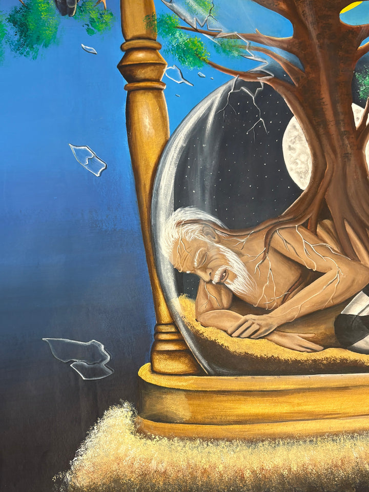 hour glass with old man inside figure and tree growing out time vulture bird on blue background acrylic paint surrealism