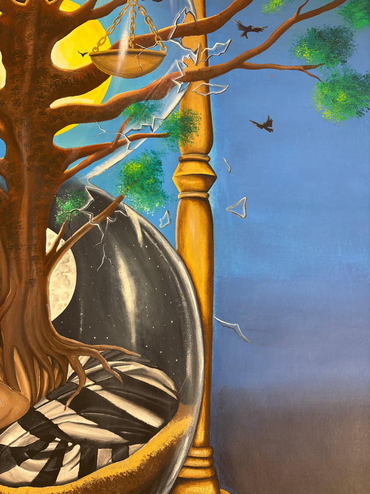 hour glass with old man inside figure and tree growing out time vulture bird on blue background acrylic paint surrealism