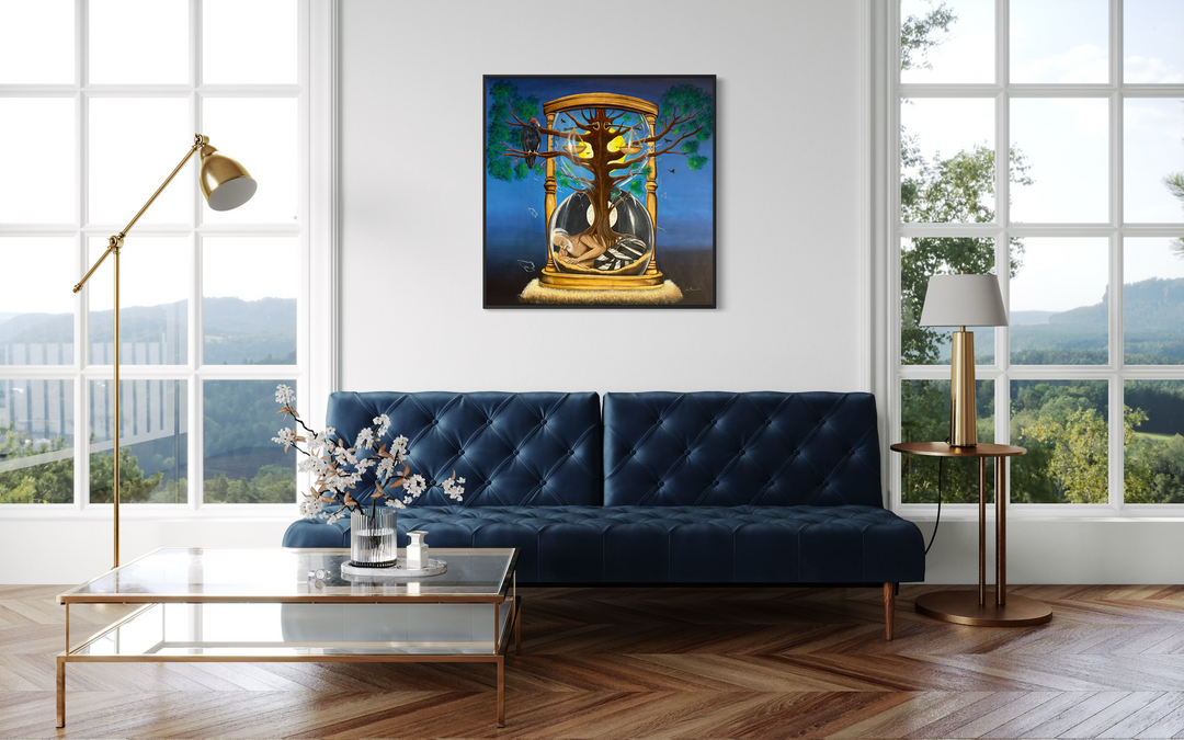 hour glass with old man inside figure and tree growing out time vulture bird on blue background acrylic paint surrealism