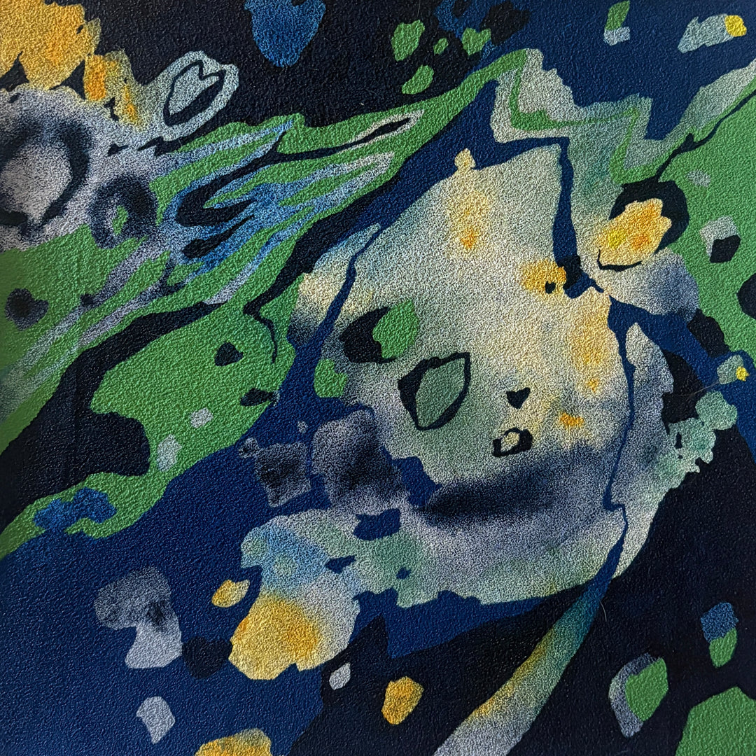Turbulent by Erin Touey – abstract oil painting on pumice-primed canvas with fluid blue, green, yellow, and white organic shapes
