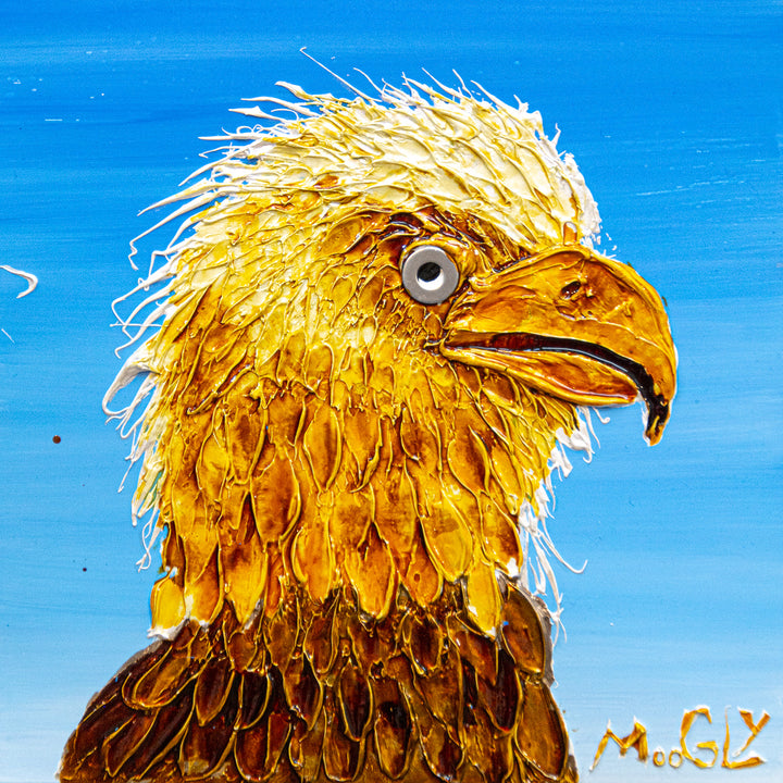 Acrylic 12" x 12" Uncompromising painting by Moogly. Gold and brown humanized eagle with washer eyes and lots of textured feathers, on a sky blue background.