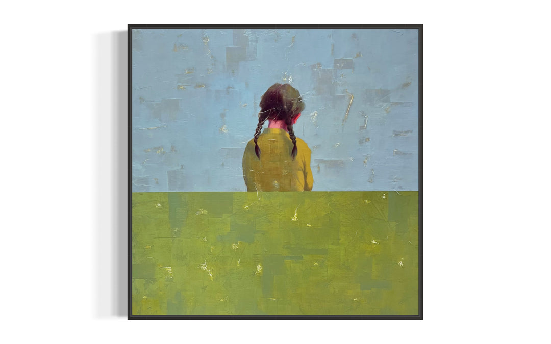 Undefined Time painting by Tomasa Martin, 40" x 40". Oil and acrylic on linen painting of a girl with braids facing away from the viewer, in blue green and yellow.