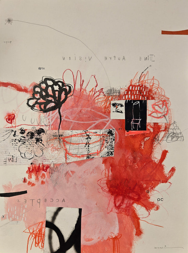Abstract mixed media artwork on paper by Laurent Dorchin in black, pink, red and white. Organic linework and minimal illustrations of flowers with collage and text elements.