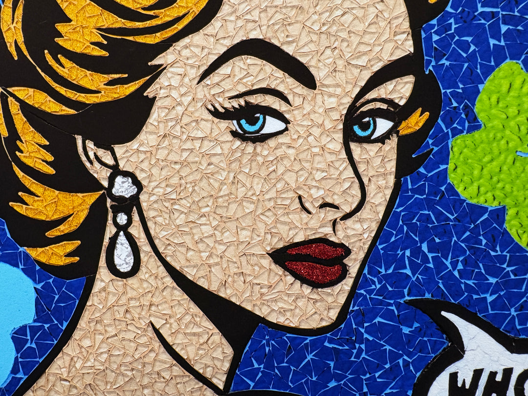 limited edition stain glass mosaic giclee print hand embellished with glitter blonde woman with blue eyes and red lips looking back on blue tile floral background text bubble comic style retro vintage