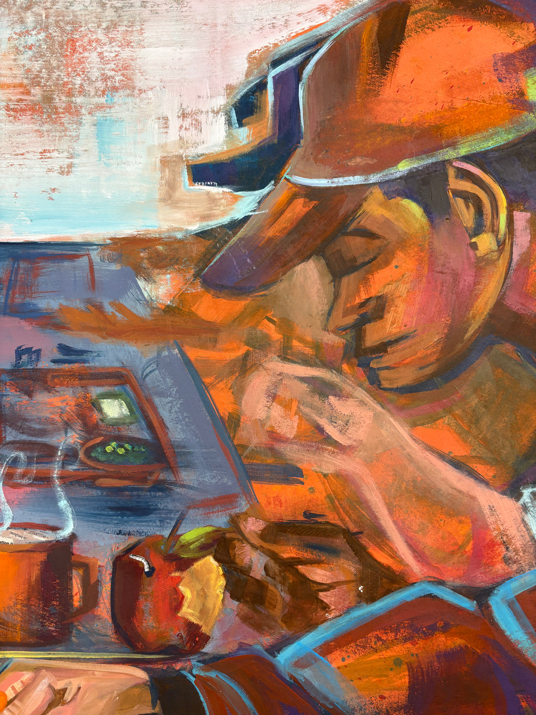 figure prison men eating food in orange jumpsuits cafeteria collage mixed media painting by keith andrews