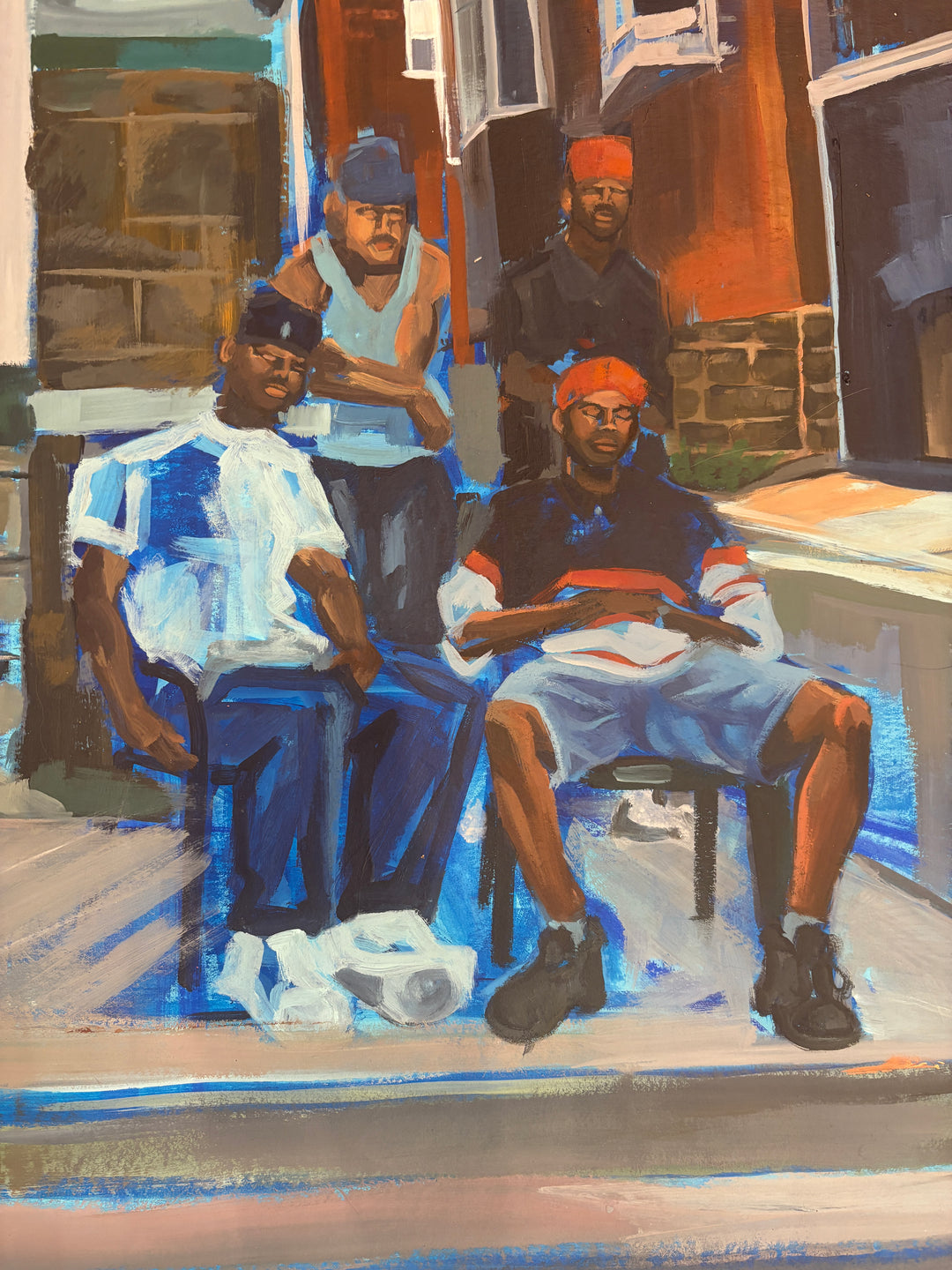 friends chilling hanging out on front porch stoop photo series in acrylic by keith andrews figurative portrait expressionism