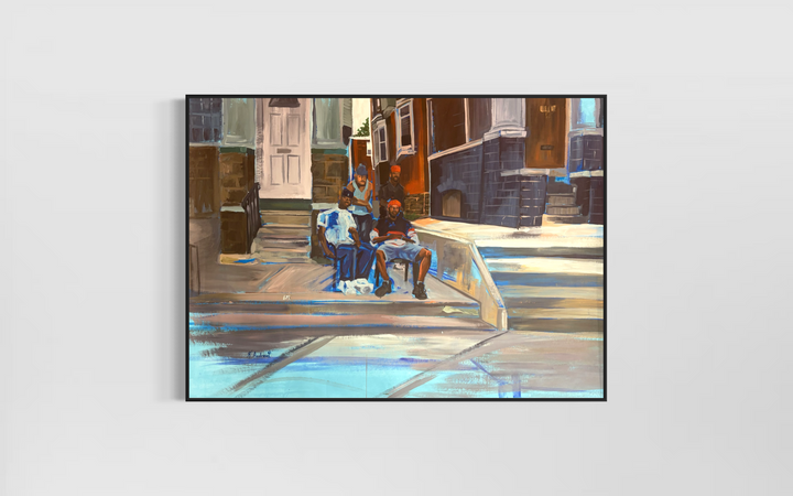 friends chilling hanging out on front porch stoop photo series in acrylic by keith andrews figurative portrait expressionism