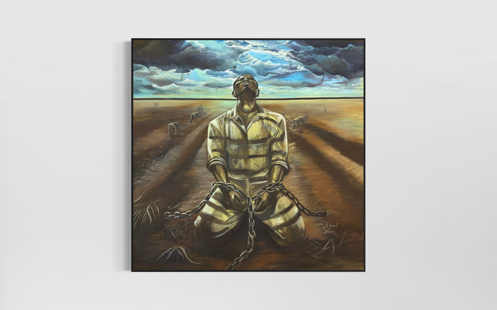 black slave prisoner man figurative portrait with chains in field dark and gloomy acrylic painting in browns and blues