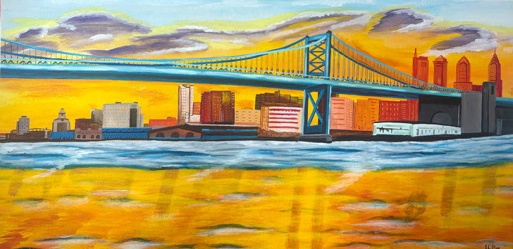 bright yellow orange red tone skyline philadelphia ben franklin bridge river new jersey landscape city urban in acrylic paint