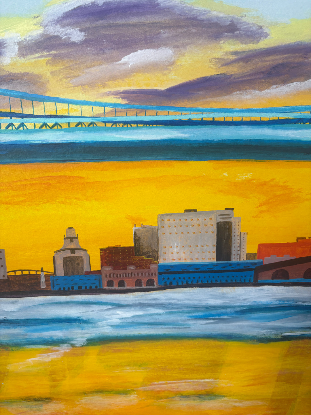 bright yellow orange red tone skyline philadelphia ben franklin bridge river new jersey landscape city urban in acrylic paint
