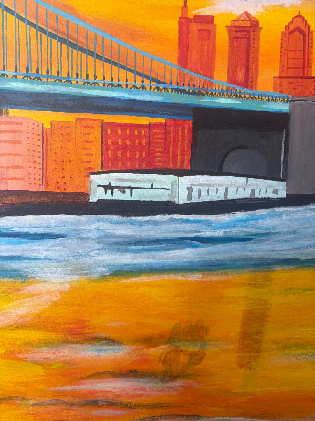 bright yellow orange red tone skyline philadelphia ben franklin bridge river new jersey landscape city urban in acrylic paint