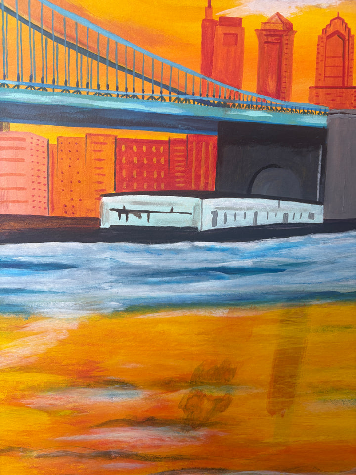 bright yellow orange red tone skyline philadelphia ben franklin bridge river new jersey landscape city urban in acrylic paint