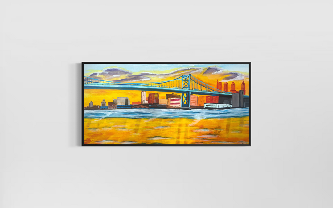 bright yellow orange red tone skyline philadelphia ben franklin bridge river new jersey landscape city urban in acrylic paint