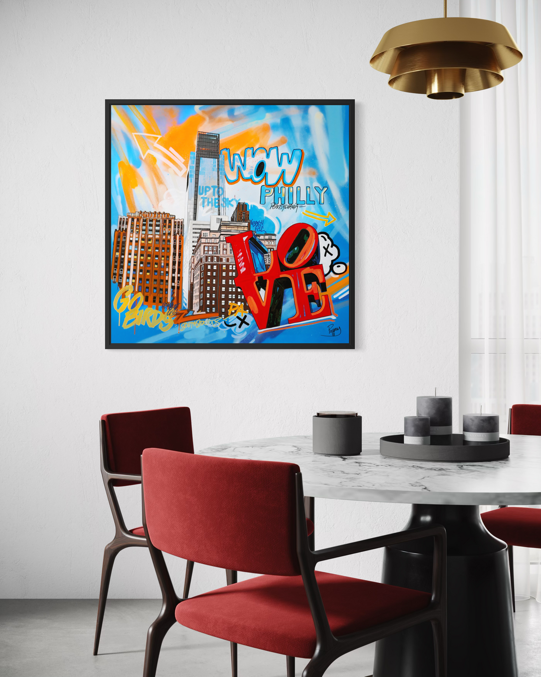 "Up to the Sky" by Pappay — a vibrant street art-inspired painting on canvas depicting Philadelphia&