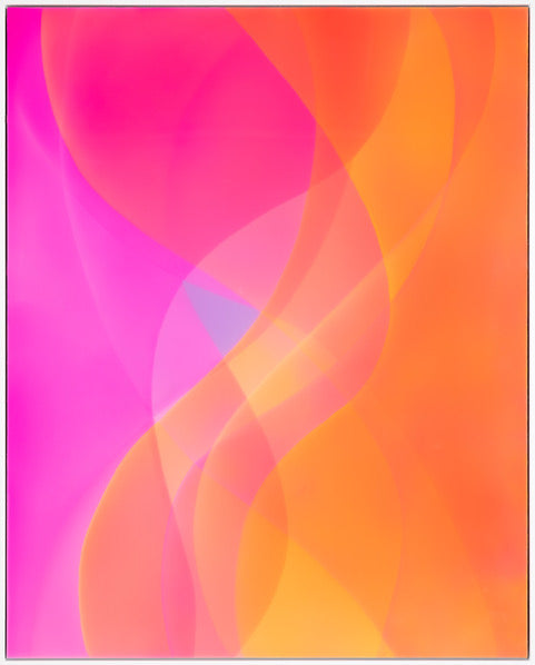 Abstract layering of transparent resin colors of pink and orange in organic vertical waves 