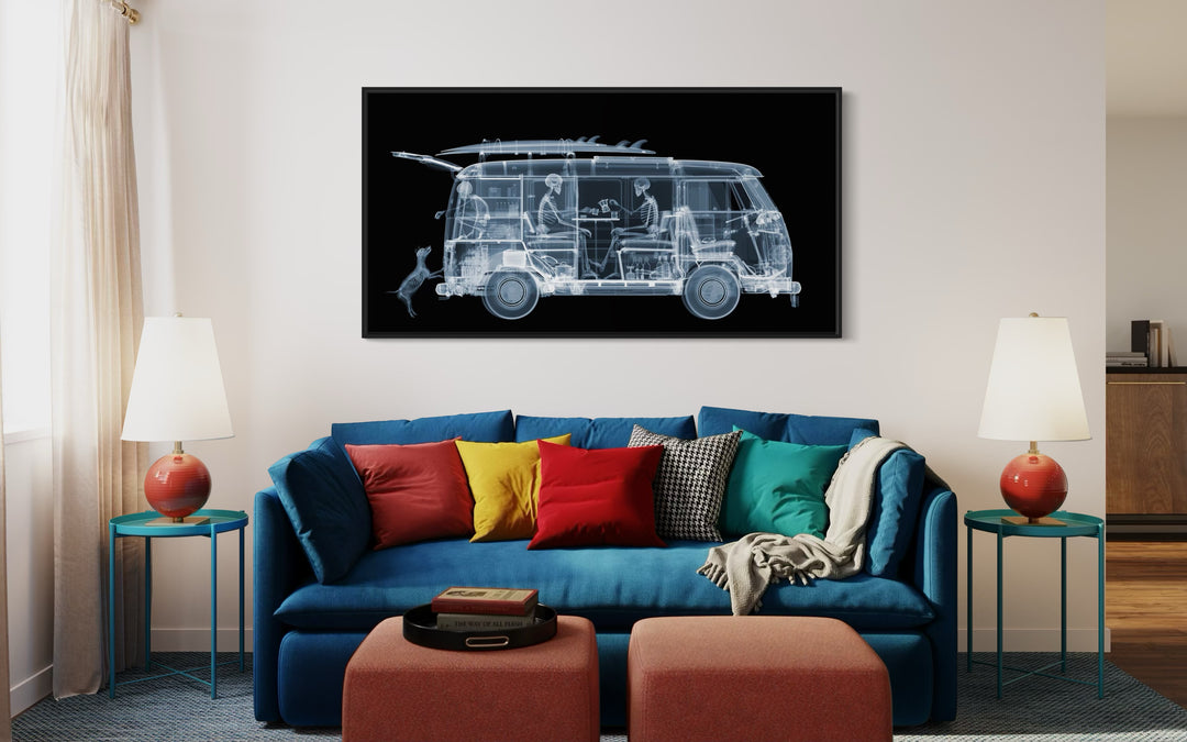 Framed Chromaluxe black and white x-ray photograph by Nick Veasey of a skeleton family sitting in a VW camper van with a surf board on top and a dog. 