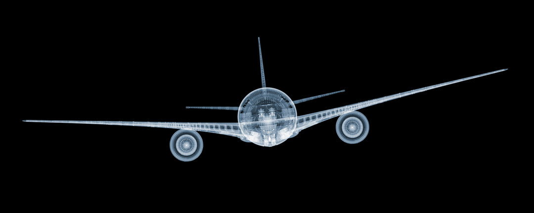 Framed Chromaluxe x-ray photograph by Nick Veasey of a mechanical jet on black background