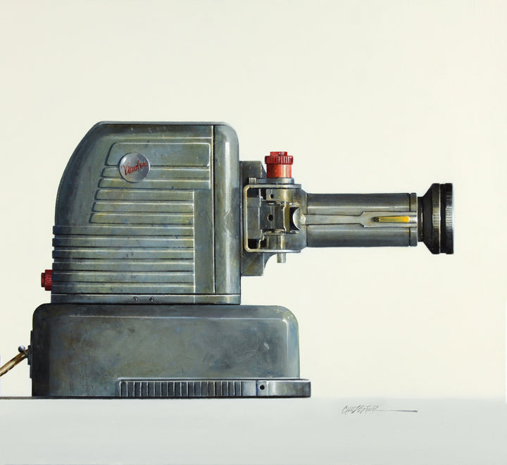 33"x24" oil on canvas painting of a vintage Viewlex image projector. 