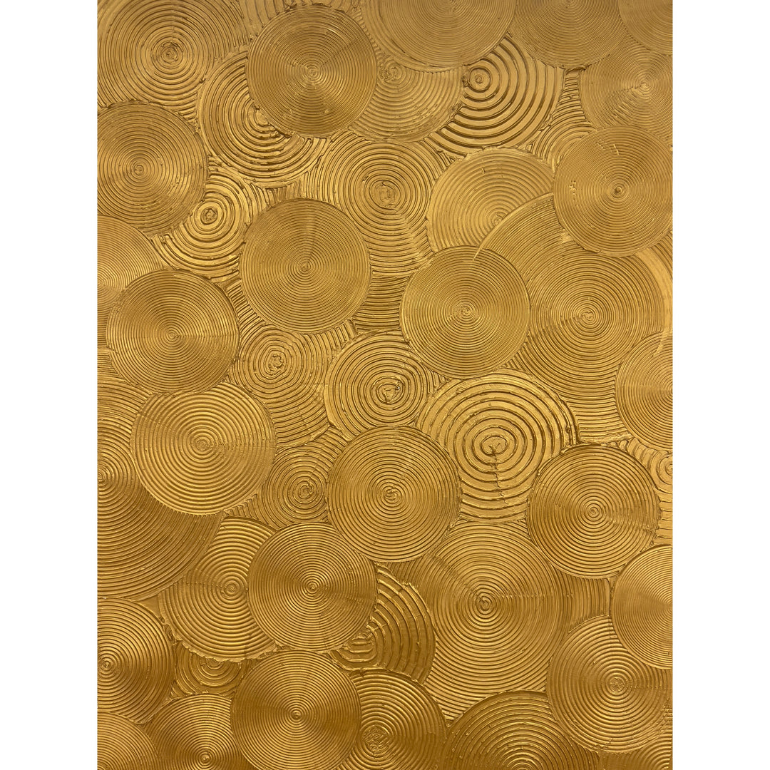 Visionary by Lee in Cerulean. Textured painting of gold circles, overlapping with smaller circles within creating a spiraled and whimsical effect.