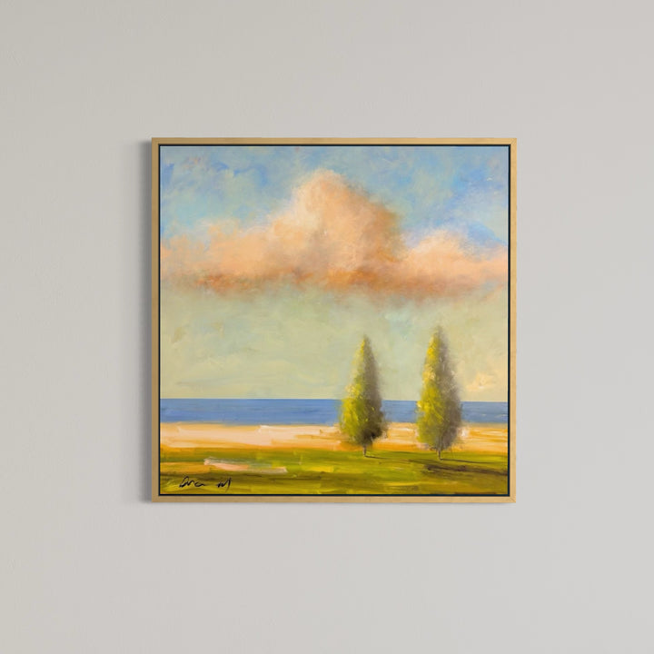 surreal soft landscape of trees and pastel sky with clouds horizontal painting