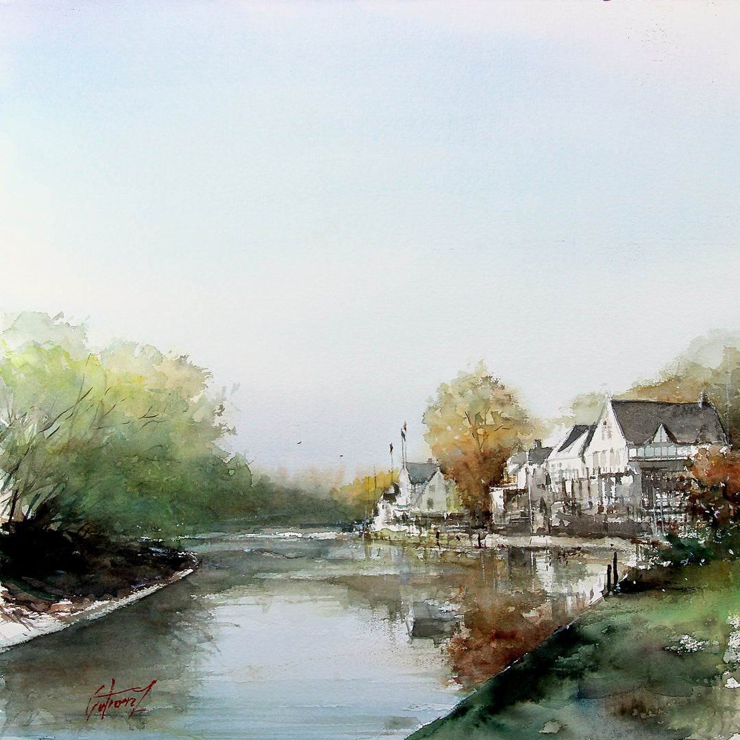 landscape of schuylkill river in washy watercolors, fall autumn trees in background, houses on one side of river, boathouse row philadelphia